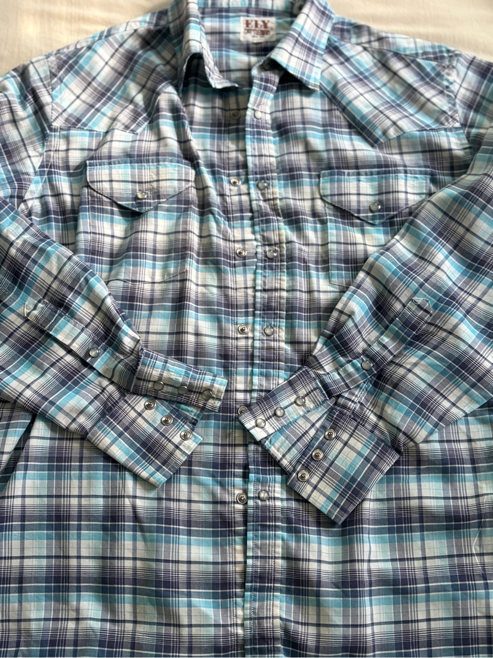 ELY cattlemen pearl snap western shirt mens Lg blue plaid long sleeve rockabilly